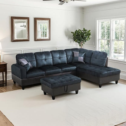 NicBex Sectional Couch 3 Pieces Sofa Set with Left Chaise Lint PVC L Shaped Cloud Couch for Living Room Furniture Sets with Storage Ottoman, Modular Sofa for Living Room & Apartment, Dark Blue+Brown