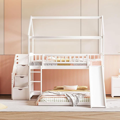 Ball & Cast Twin Over Twin Size House Bunk Bed with Slide and Storage Steps,Wood Bunkbed w/Full-Length Guard Rail & Ladder,Slat Support,Space Saving,Bedroom Furniture for Student Dorms,White