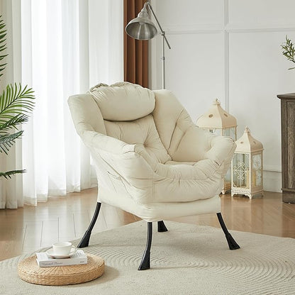 HollyHOME Modern Fabric Large Lazy Chair, Accent Oversized Comfy Reading Chair, Thick Padded Cozy Lounge Chair with Armrest, Steel Frame Leisure Sofa Chair for Living Room, Bedroom, Dorm, Beige