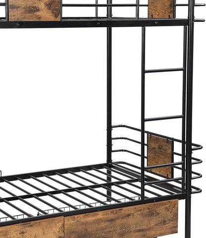 Twin XL Over Twin XL Metal Bunk Bed with MDF Board Guardrail,an Integrated Ladder,Full-Length Guardrails and Two Storage Drawers,Industrial Modern bunk-Bed,No Box Spring Needed,Black