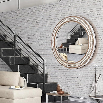 24 Inches Rustic Round Wall Mirrors - Wooden Farmhouse Circle Mirror for Bathroom, Entryway, Bedroom, Living Room, Entryway Decorative