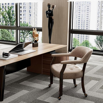 LEEMTORIG Large Dining Chairs with Casters and Arms, Rolling Dining Chairs with Wheels, Accent Wood Boss Caption's Chairs, 26" D x 25.2" W x 31.5" H, Espresso Legs & Yellowish Brown Fabric SY-318-LT