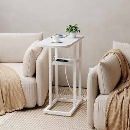 C Table End Table with Charging Station, Couch C Shaped Side Table for Living Room, Bedroom, Laptop Table with USB Ports and Type-C Port, Snack Tray Table for Couch