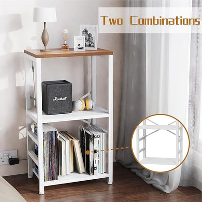 End Table with LED Light,Record Player Stand with Albums Storage,Vinyl Records Storage,Turntable Stand Side Table for Music Room Studio Living Room Bedroom-White