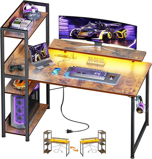 ODK Reversible Gaming Desk with USB Charging Port and LED Lights, 40 Inch Computer Desk with Storage Shelves & Monitor Stand, Writing Study Table for Home Office, Small Space Bedroom, Rustic Brown