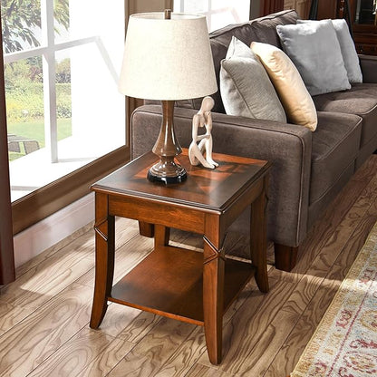 Solid Wood Side Table with Storage Shelf, Cherry Wood End Tables Living Room, Traditional Style End Table, Vintage Beside Table with Curved Legs for Apartment, Cherry Walnut Accent Table CJZ-DR200