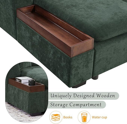 Merax 93.7" L-Shaped Sectional Sofa with Wooden Storage Compartment, Chenille Upholstered Deep Seating Sleeper Couch & Chaise Lounge and Throw Pillows for Living Room, Green