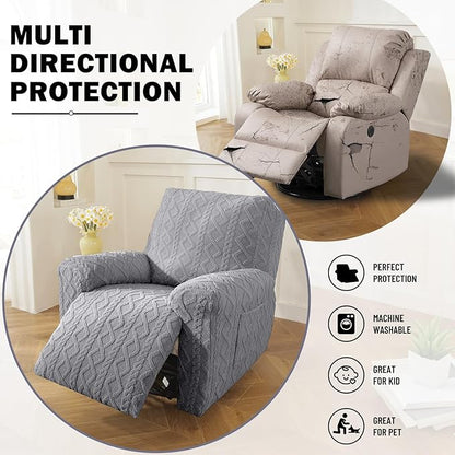vctops 4 Pieces Geometric Jacquard Plush Recliner Slipcovers Soft Fuzzy Fluffy Sofa Couch Cover Anti-Slip Furniture Protector with Elastic Bottom for Kids Cats Dogs(Grey,1 Seat)