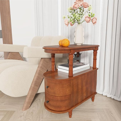 Wood End Table with 2 Drawers and Storage Shelf, Narrow Sofa Side Table for Living Room, Vintage Slim Nightstand Bedside Table for Bedroom, Slim Chair Side Table Cherry Brown BG-A508-MG