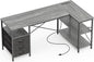 Huuger L Shaped Office Desk with Power Outlets, 55 Inch Computer Desk with 3 Drawers, Shelves, Reverisble for Gaming Corner Work Home Office Study, Grey