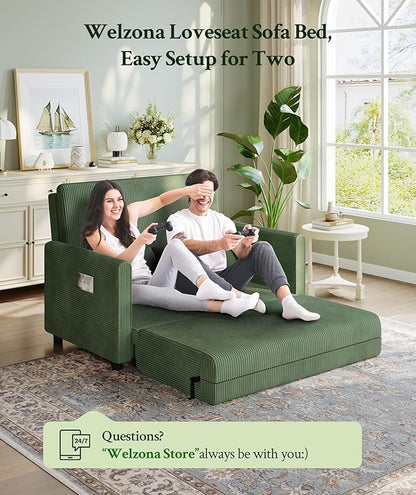 53” Convertible Sofa Bed Couch, Corduroy Couch Bed, 6-Position Loveseat Sleeper Sofa, Love Seat Sleeper Bed 23.6" Extra Deep Seat, Modern Couches for Living Room/Apartment/Home/Office, Green