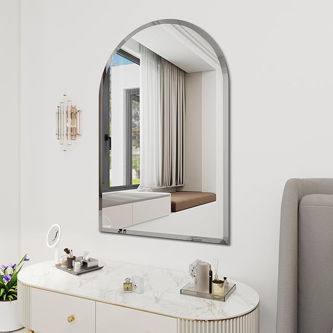 Arched Bathroom Mirror, 32X48 inch Arched Frameless Mirror, Arch Wall Mirror，Frameless Mirrors for Bathroom,Beveled Bathroom Mirror.