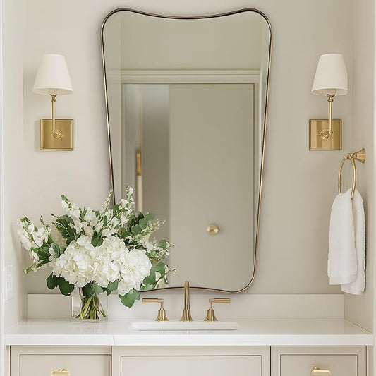 Brushed Gold Bathroom Mirror, 24x40 Inch Gold Irregular Bathroom Vanity Mirror, Gold Asymmetric Mirror with Stainless Steel Frame, Metal Framed Wall Mounted Accent Mirror Vertical Only