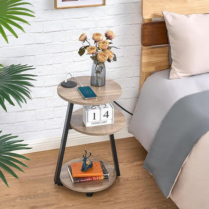 BEWISHOME Round End Table with Charging Station, Side Accent Table with 3-Tier Shelves, Small Couch Table for Living Room Greige KTZ51G
