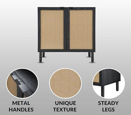 Sango Orre 2-Door Cabinet, Modern Black Storage Cabinet with Synthetic Rattan Door Panels, Adjustable Shelf, Cylindrical Wood Legs, Discreet Finger Pulls, Elegant Furniture for Living or Dining Room