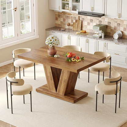 LITTLE TREE 47 Inches Dining Table for 4, Modern Dining Room Tables, Brown Rectangle Kitchen Table with V-Shaped Pedestal, Wooden Dinner Table for Dining Room, Living Room