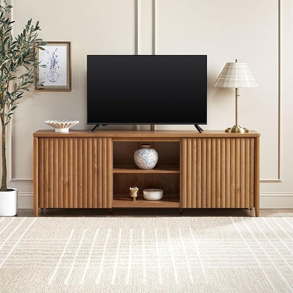 Walker Edison Flynn Scandinavian Reeded TV Stand with Open Storage for up to 80" TV, English Oak