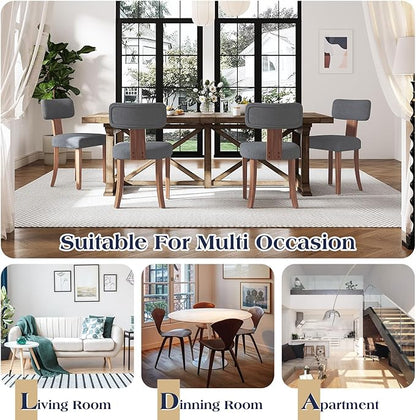 Mid Century Modern Dining Chairs Set of 4, Linen Upholstered Kitchen Chairs with Curved Backrest & Adjustable Legs for Living Room/Lounge, Easy to Install, Grey Linen