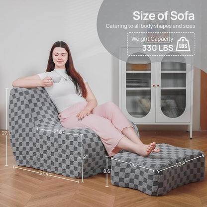 Giant Bean Bag Chair for Adults with Ottoman, Teddy Fabric Beanbag Chair with Memory Foam Filled,Plush Lazy Floor Sofa with Footstool Couch for Living Room,Bedroom,Dorm, Apartment, Grey