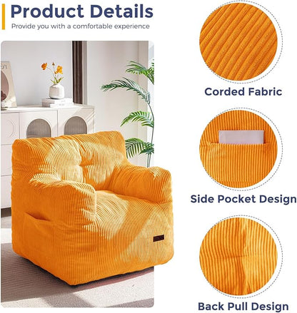 MAXYOYO Bean Bag Chair, Tufted Bean Bag Couch Lazy Chair, Living Room Sofa Couch with Filler for Adult Teens Kids, Corded Fabric Accent Sofa for Bedroom Dorm, Orange