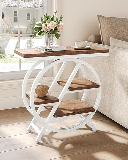 LITTLE TREE End Table, Narrow Side Table with 4-Tier Large Storage Space, Modern Bedside Table for Living Room, Home Office, Bedroom, Brown and White