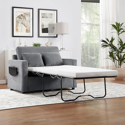 Twin Size Sofa Bed 47.2" Sleeper Sofa Loveseat Sofa with a Foldable Mattress, a Foldable Side Table, a Side Storage Pocket and Two USB Ports for Living Room, Gray