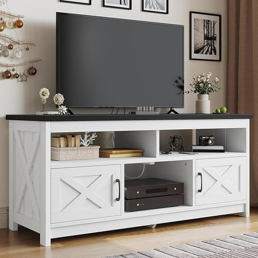 YITAHOME TV Stand for 65/55 Inch Television, Farmhouse Entertainment Center Television Stand with Power Outlets and Open Shelf, Media Console TV Cabinet for Living Room, White/Black
