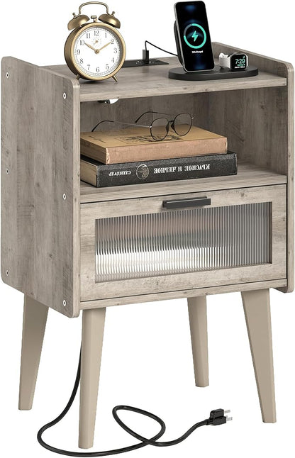 Nightstand with Charging Station, Bedside Tables Oak Grey End Table Side Table with 2 Tiers Storage Space, for Bedroom Living Room MLBZ07GE