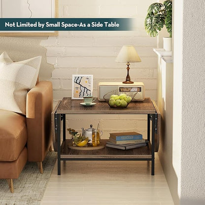 SAYGOER Folding Coffee Table for Living Room, Small Coffee Tables with 2-Tier Storage, Mid Century Modern Center Table for Small Space, Farmhouse Table Square, Dark Brown