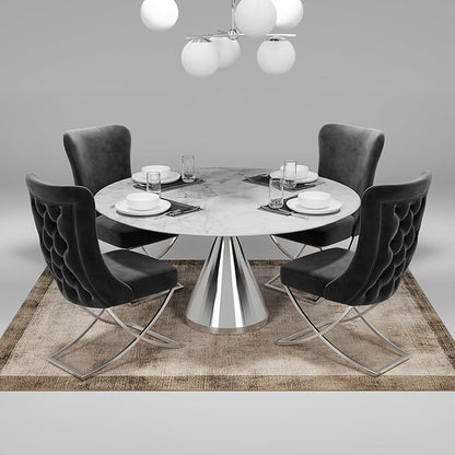 Ottomanson Royal Dining Chairs Set of 6 – Upholstered Tufted Microfiber, Assembled, Silver Metal Legs, Beech Wood Frame, 350 lb Capacity, Gray