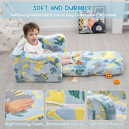 Comfy Toddler Chair and Couch for Kids with Blanket,2-in-1 Soft Plush Fold Out Toddler Couch for Girls and Boys,Convertible Sofa to Lounger for Playroom,Glowing Dinosaur