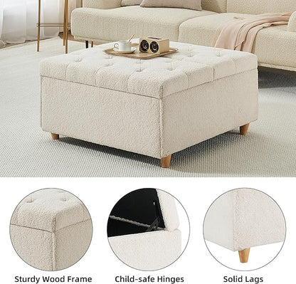GAOMON Sherpa Storage Ottoman Coffee Table with Lift Top, Sherpa Fabric Tufted Upholstered Ottoman with Storage, Large Square Storage Ottoman Bench for Bedroom Living Room(Sherpa, White)