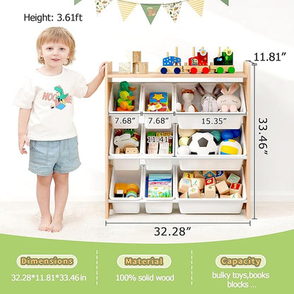 MallBest 4-Tier Kids' Toy Storage Organizer Shelf - 100% Solid Wood,Children's Storage Cabinet with 9 Plastic Bins