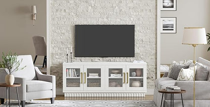 TV Stand for TVs up to 65 Inch, Entertainment Center with Storage Cabinets, Contemporary Modern TV Cabinet Media Console Table with Glass Doors for Living Room Bedroom, Montauk White