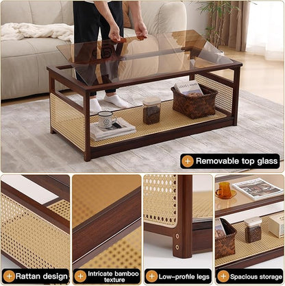 Welnow Rattan Coffee Tables for Living Room, Modern 2-Tier Coffee Table, Mid Century Rectangle Coffee Table with Storage Shelf & Glass Top, Large Boho Center Table for Apartment, Walnut