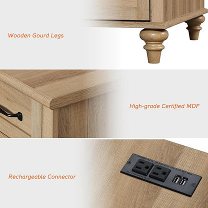 WAMPAT Set of 2 End Tables with Charging Station, Wooden Side Table with Drawer & Storage Cabinet, Farmhouse Nightstands with Power outlets USB Ports for Living Room & Bedroom, Oak