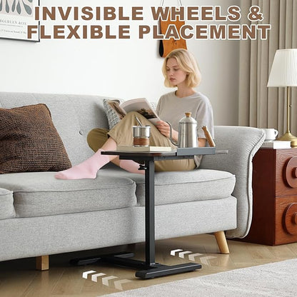 Solid Wood C-Shaped Side Table,360° Rotating TV Tray Table,Height-Adjustable,Sliding Sofa Table,Rolling Laptop Desk for Living Room and Bedroom Use with Sofa,Bed,Chair-Walnut