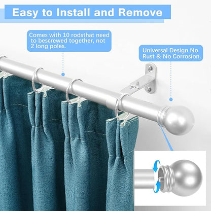 Curtain Rods for Windows 16 to 150 Inches, Curtain Rod Max Adjustable Length of 160 IN, 1" Diameter Drapery Rods Round Finials, Satin Silver, Pack of 1
