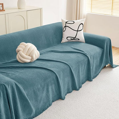 hyha Couch Cover for Dogs, Boho Sofa Covers for 3 Cushion Couch Washable, Chenille Sofa Slipcover for Pets, Soft Loveseat Sectional Couch Throw Blankets with Tassels (Blue, 71x118 Inch)