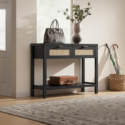 SICOTAS Black Console Table with Rattan Drawers - Boho Rattan Entryway Table with Storage, Small Console Tables for Entryway, Entry Table for Hallway, Sofa Table