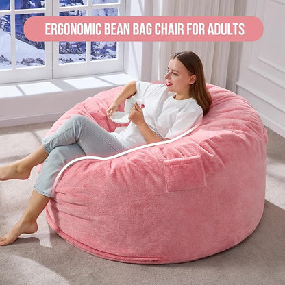 Hobestluk 4ft Bean Bag Chairs for Adults Large Beanbag Chair with Plush Faux Fur Cover Big Bean Bag Chair for Living Room Bedroom Dorm Office -Pink (44” x 44” x 24”)