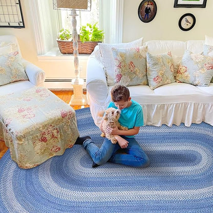 Homespice Denim Jute Blue 6x9' Oval Braided Rugs for Living Room, Bedroom Rug and Dining Room. Pet Friendly. Decor Styles- Farmhouse Rug, Rustic, Vintage, Cottage, Primitive, Country, Boho Rug