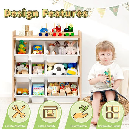 MallBest 4-Tier Kids' Toy Storage Organizer Shelf - 100% Solid Wood,Children's Storage Cabinet with 9 Plastic Bins
