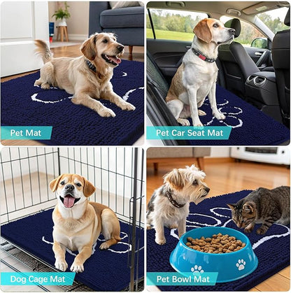 OLANLY Door Mat for Muddy Dog Paws 40x32, Ultra Absorbent Chenille Mud Doormat with Paw Print Design, Non-Slip Washable Doormat for Indoor Entryway, Quick-Dry Pet Bed Mats for Dirty Dogs, Navy Blue