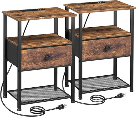 Night Stand Set 2, Nightstand with Charging Station, End Tables Living Room with Fabric Drawer for Small Spaces, Side Tables with Storage Shelf for Bedroom, Rustic Brown HETS010PBR