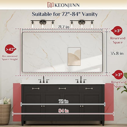 Keonjinn Black Bathroom Mirror for Over Sink, 72” x 36” Large Rounded Rectangle Bathroom Vanity Mirror, Matte Black Farmhouse Wall Mirror, HD Tempered Glass, Seamless Metal Frame(Horizontal/Vertical)