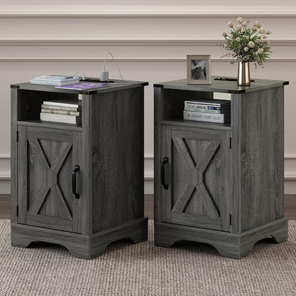 RoyalCraft Set of 1 Farmhouse Nightstand, Grey End Table with Charging Station, Tall Bedside Table with Large Storage Room and Shelf, Wooden Rustic Side Table for Bedroom, Home Office, Dark Grey