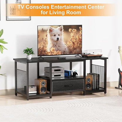 TV Stand with Drawers and Open Storage Shelves for 65 60 55 Inch TV, Entertainment Center with Open Storage Shelves, Industrial Media TV Console Table for Living Room Bedroom Office, Black