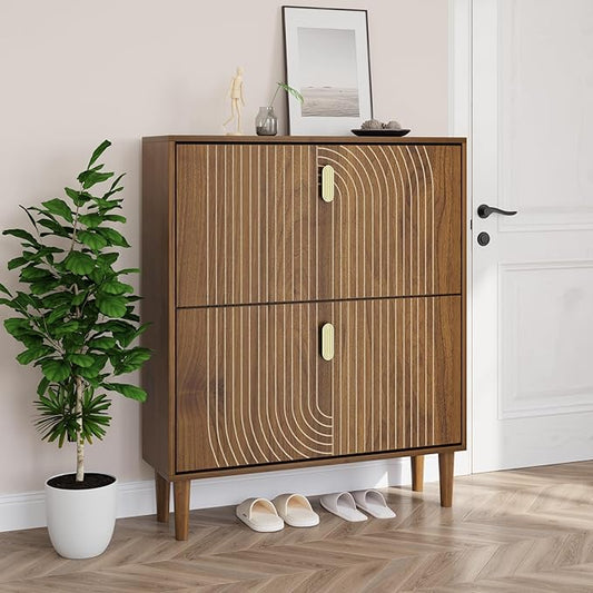 Smuxee Shoe Cabinet with 2 Flip Drawers, 31.5" Walnut Hidden Shoe Storage Cabinet with Line Groove Design, Freestanding Shoe Organizer Cabinet for Entryway, Hallway, Living Room