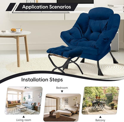 Lazy Chair with Folding Ottoman Modern Large Accent Chair,Contemporary Lounge Leisure Sofa Chair with Armrests Upholstered Sofa Armchair Reading Chair for Bedroom,Dorm & Office(Navy-f)